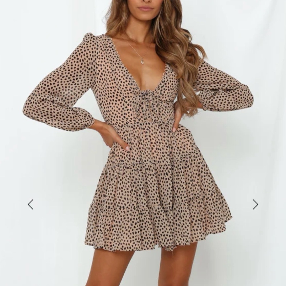 Leopard Print Long Sleeve Mini Dress Fully Lined Fit And Flare Low Neckline